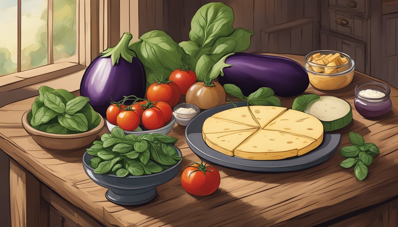 A table with a variety of foods, including eggplant, tomatoes, spinach, and aged cheese, displayed in a rustic kitchen setting