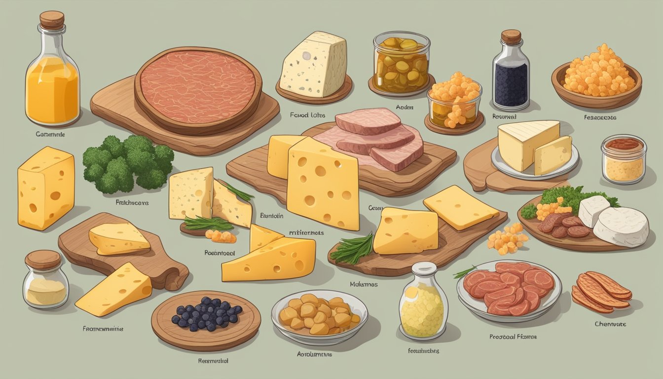 A table with 10 different types of food items, such as aged cheese, fermented foods, and processed meats, all labeled as high in histamine