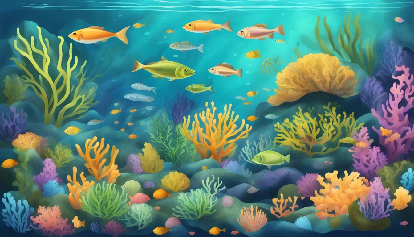 A colorful underwater scene with various types of seaweed floating in the ocean, surrounded by other iodine-rich foods like fish and shellfish