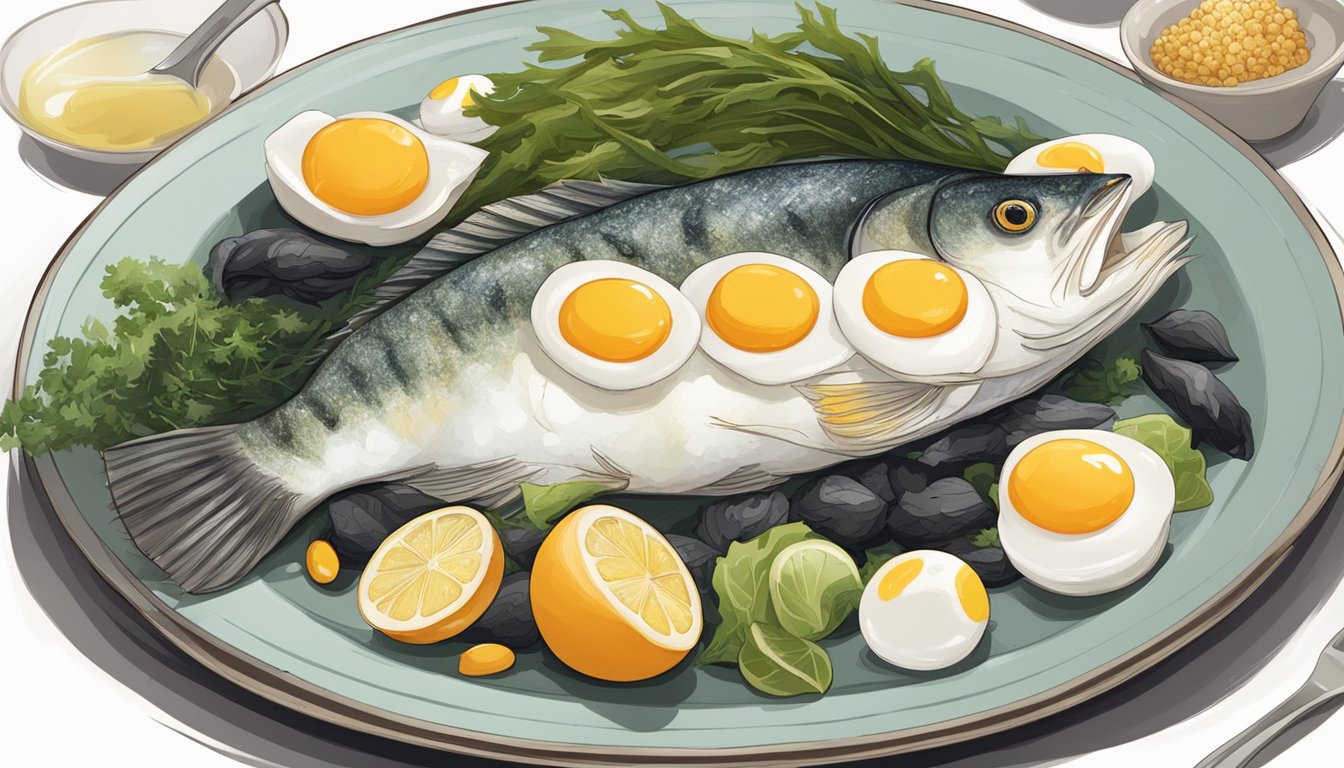 A plate with a cooked cod fish surrounded by iodine-rich foods like seaweed, yogurt, and eggs