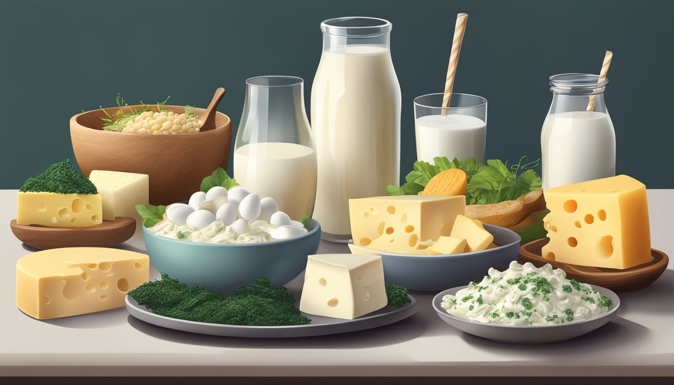 A table with a variety of dairy products such as milk, cheese, and yogurt, surrounded by iodine-rich foods like seaweed, eggs, and fish