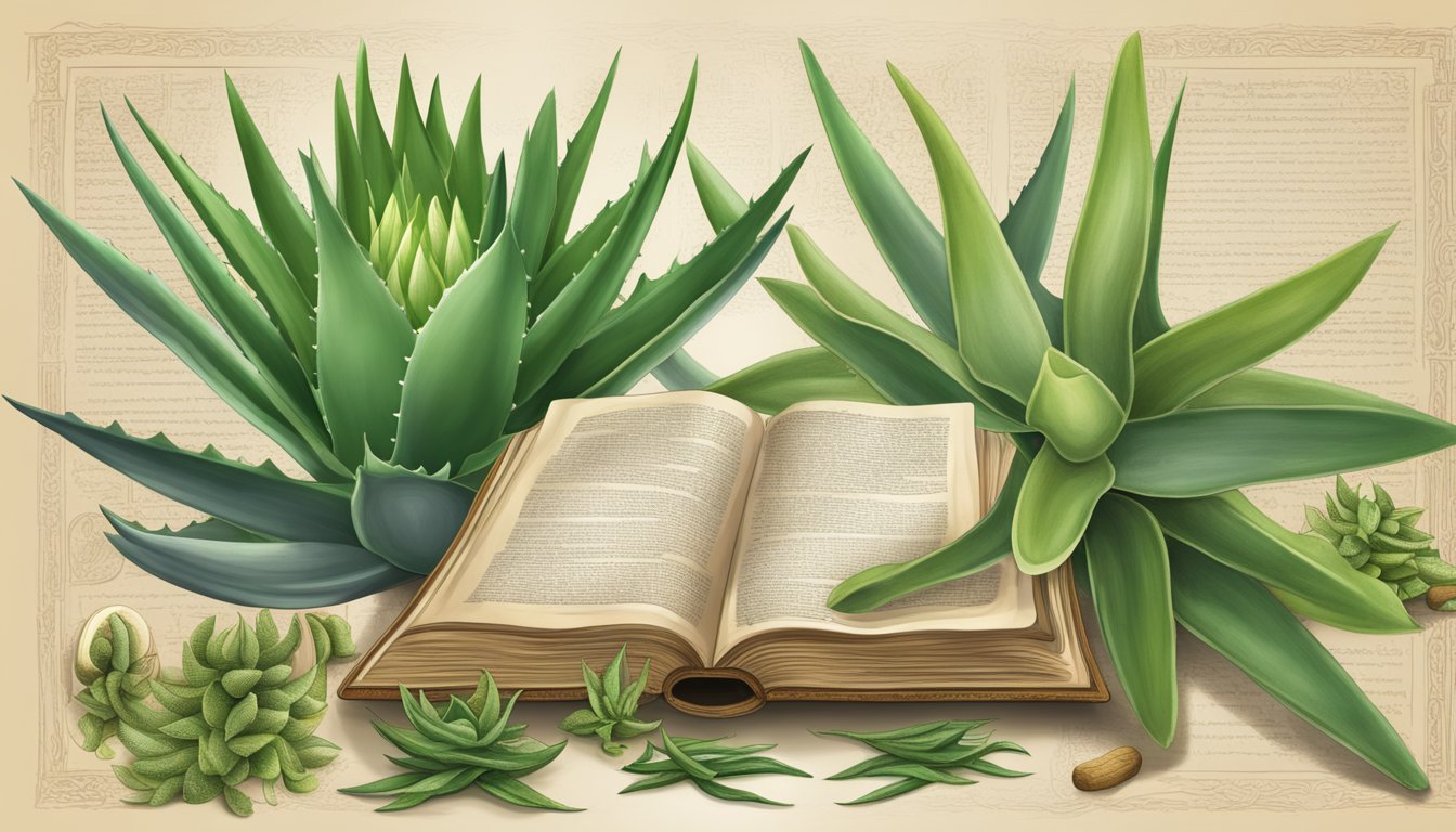 Aloe vera plant surrounded by ancient healing herbs, with a backdrop of historical texts and traditional remedies