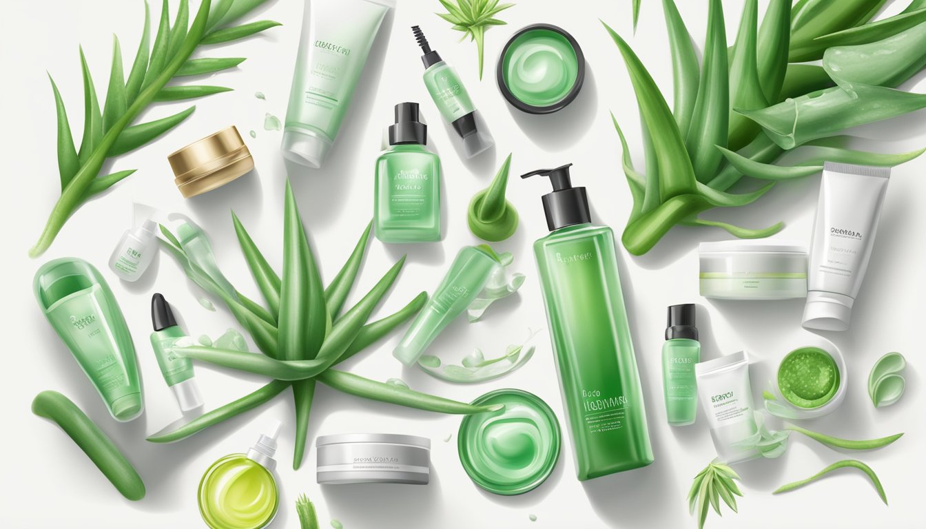 Aloe Vera plant surrounded by skincare products and cosmetic tools on a clean, white surface