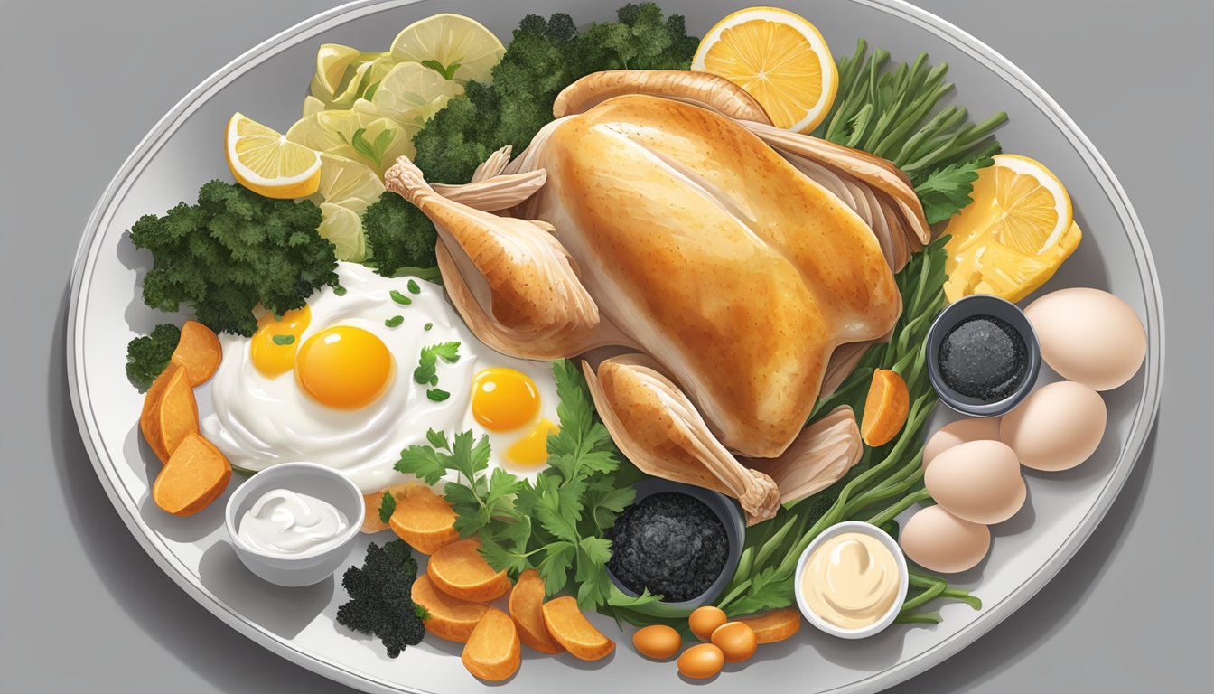 A platter of turkey breast surrounded by other iodine-rich foods like seaweed, yogurt, and eggs, arranged in a visually appealing and balanced composition