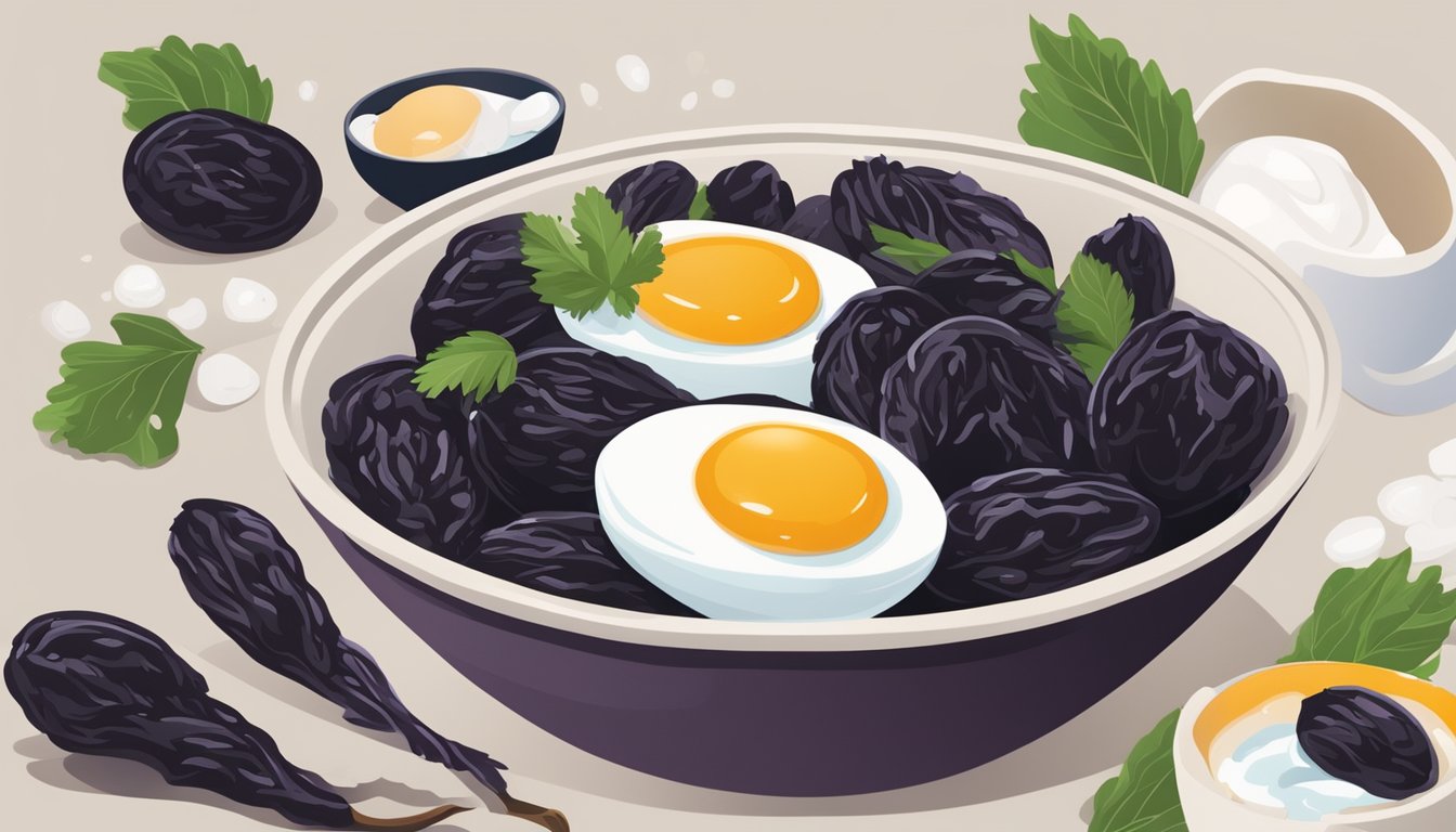 A bowl of prunes surrounded by iodine-rich foods like seaweed, yogurt, and eggs, with a thyroid gland in the background