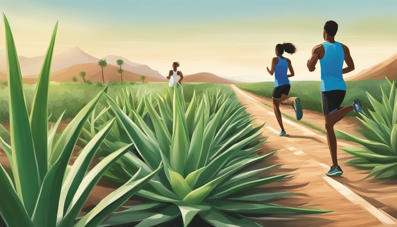 Aloe Vera plants line the edge of a track, with athletes running in the background. A runner massages aloe gel onto their sore muscles