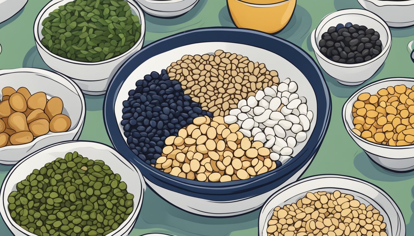 A bowl of navy beans surrounded by other iodine-rich foods like seaweed and yogurt