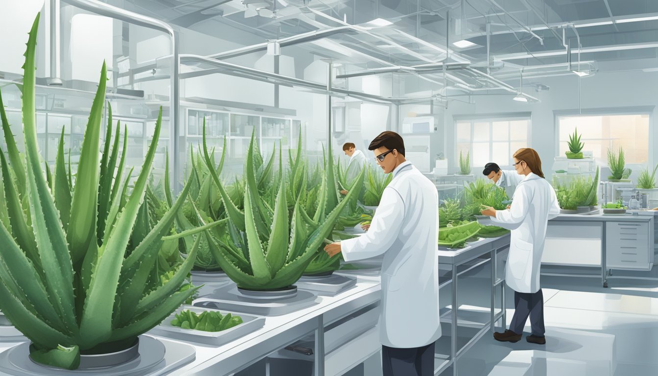 Aloe plants growing in a state-of-the-art laboratory, surrounded by scientific equipment and researchers in white lab coats