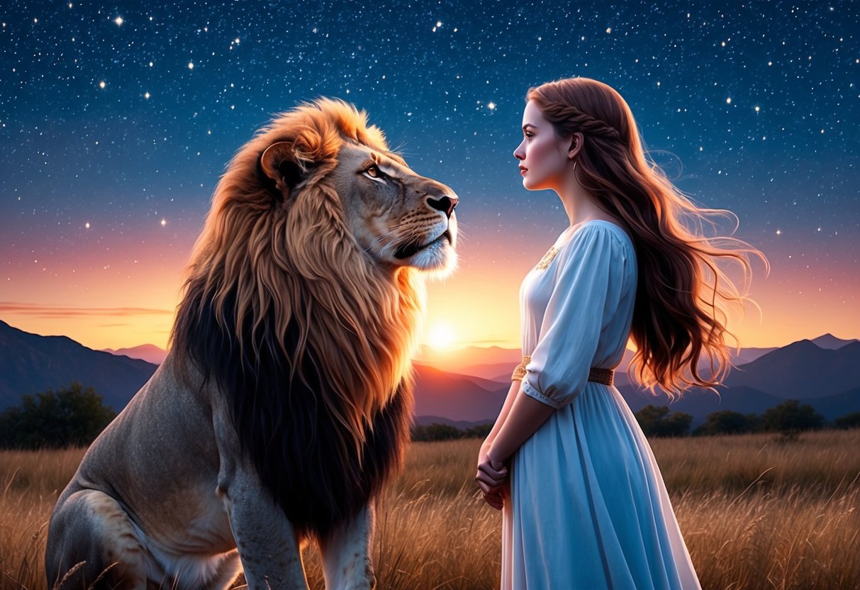 A lion and a maiden stand side by side, gazing at the stars