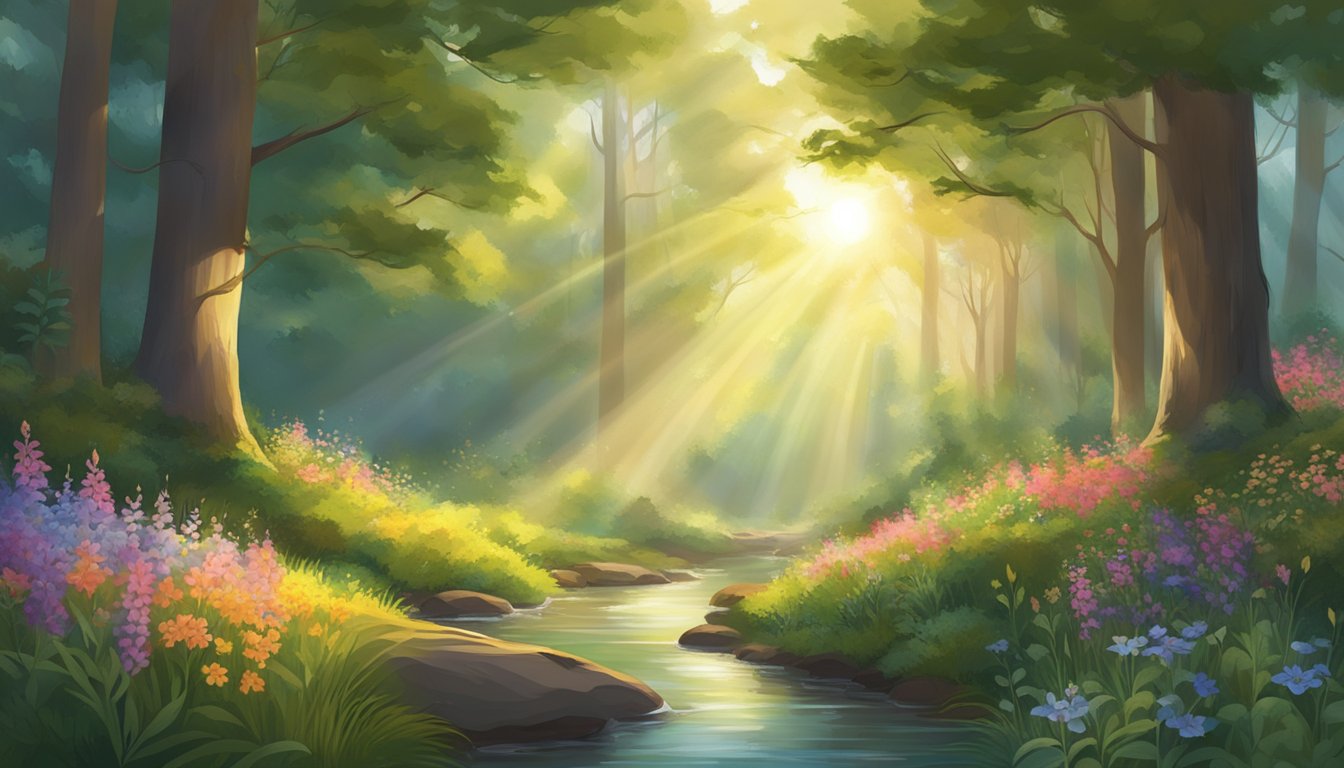 A serene forest clearing with sunlight streaming through the canopy onto a bed of vibrant wildflowers, surrounded by lush greenery and a gentle, babbling stream