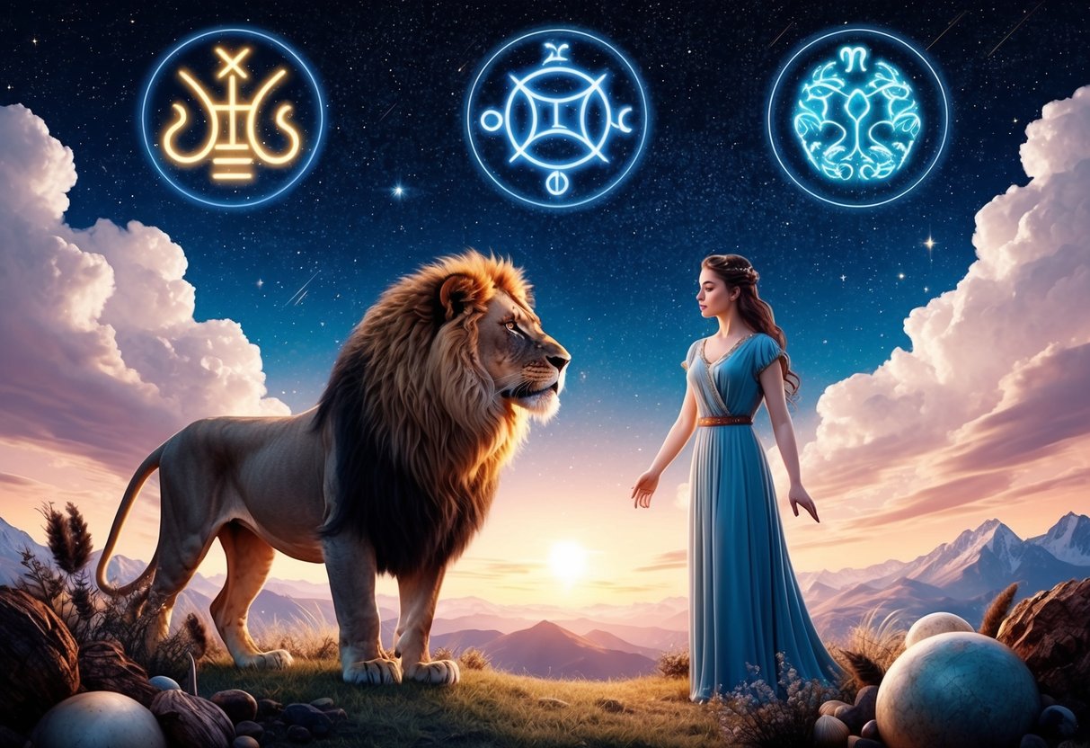 A lion and a maiden stand under a starry sky, their zodiac symbols hovering above them, surrounded by earthy elements