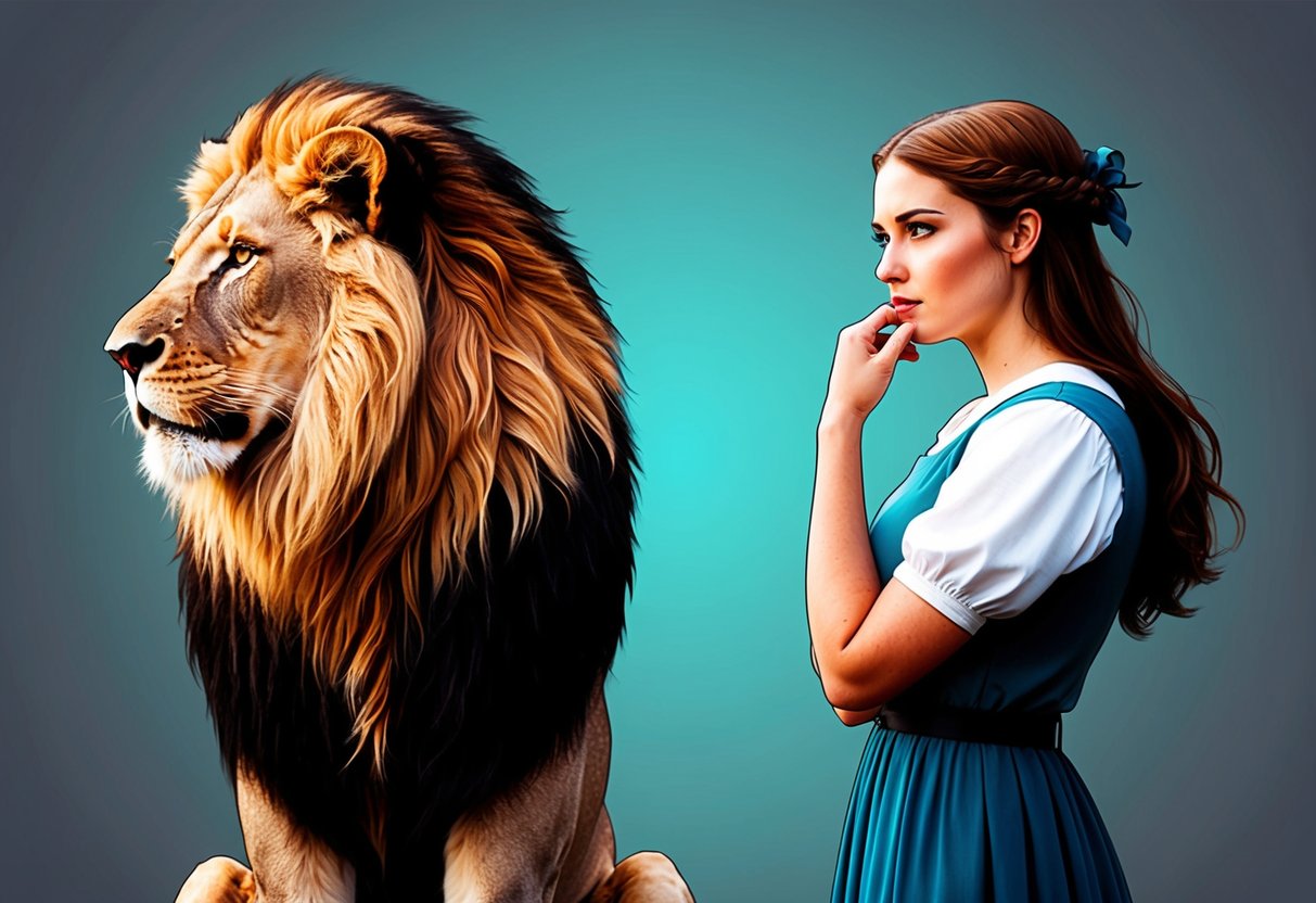 A lion and a maiden stand back-to-back, facing opposite directions. The lion exudes confidence, while the maiden appears thoughtful and reserved