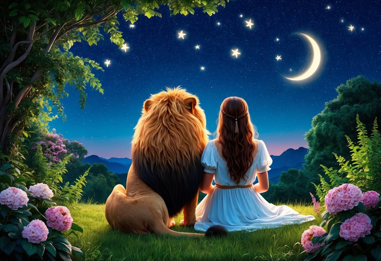 A lion and a maiden sit side by side, gazing at the stars in the night sky, surrounded by lush greenery and blooming flowers