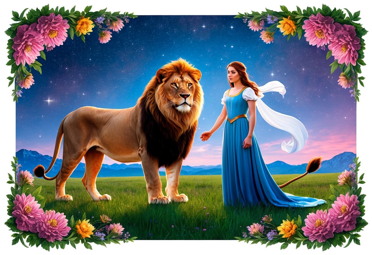 A lion and a maiden stand side by side, surrounded by blooming flowers and a serene, starry sky