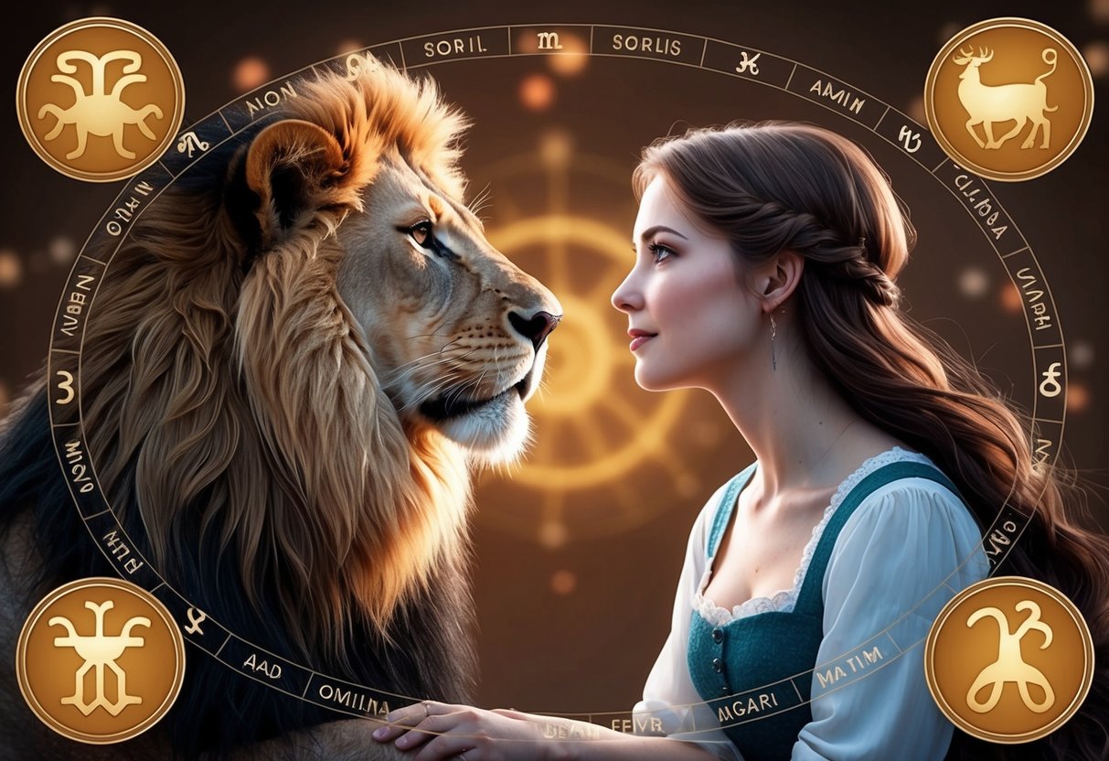 A lion and a maiden surrounded by zodiac symbols, gazing at each other with curiosity and uncertainty