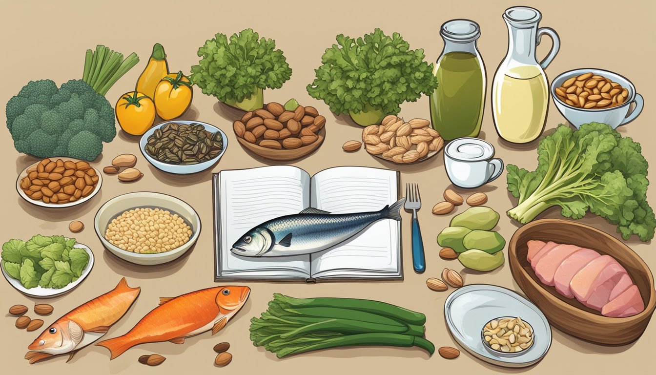 A table with various foods like fish, nuts, and vegetables, along with a thyroid diagram and a book titled "Thyroid Diet" for reference