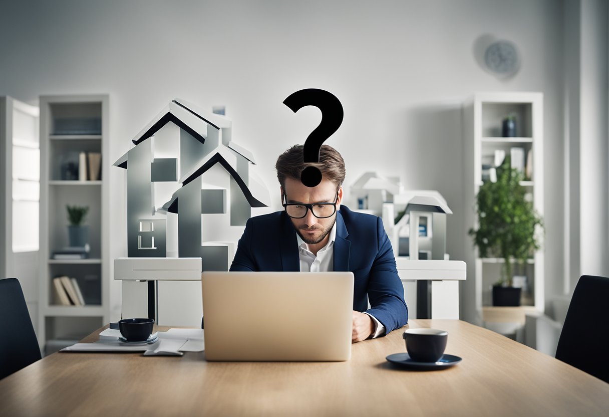 A person researching real estate with a question mark hovering over their head