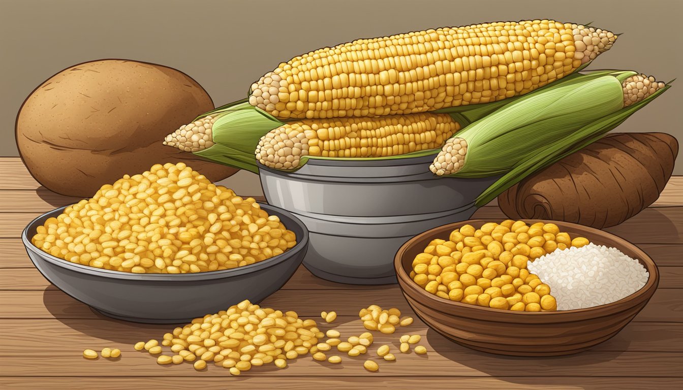 A pile of corn cobs, potatoes, rice, and bread on a wooden table