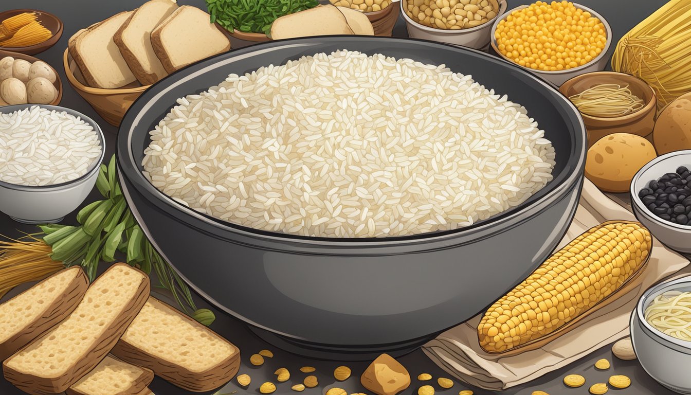 A bowl of steaming white rice surrounded by potatoes, corn, pasta, bread, and other starchy foods