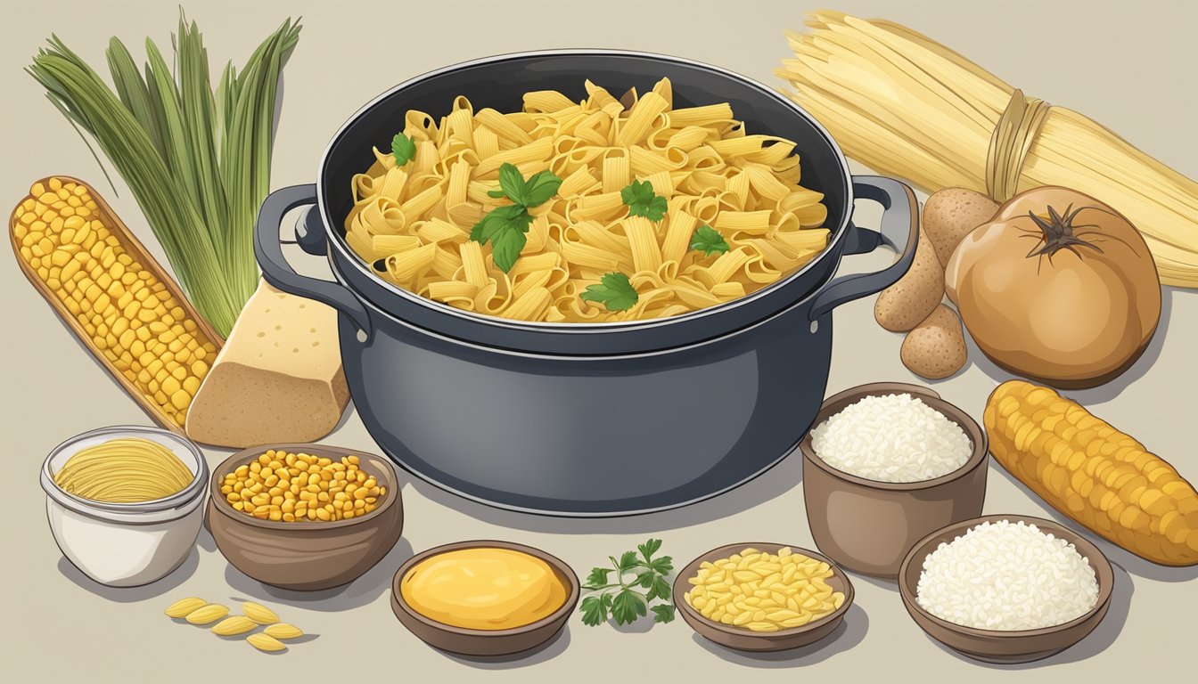 A pot of boiling pasta surrounded by potatoes, corn, rice, bread, and other starchy foods