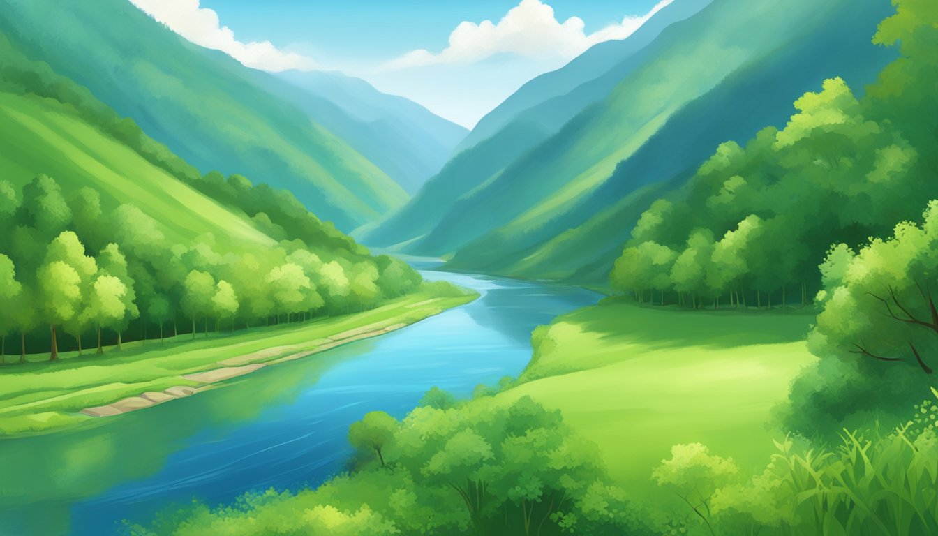 A serene river flowing through lush, green mountains, reflecting the clear blue sky above