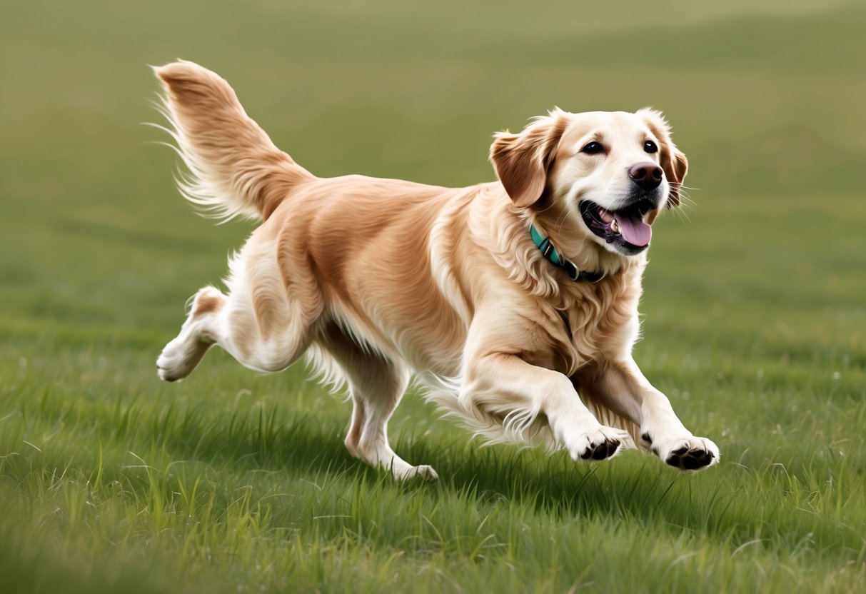 A Flat-Coated Retriever dog running through a grassy field with a joyful expression on its face