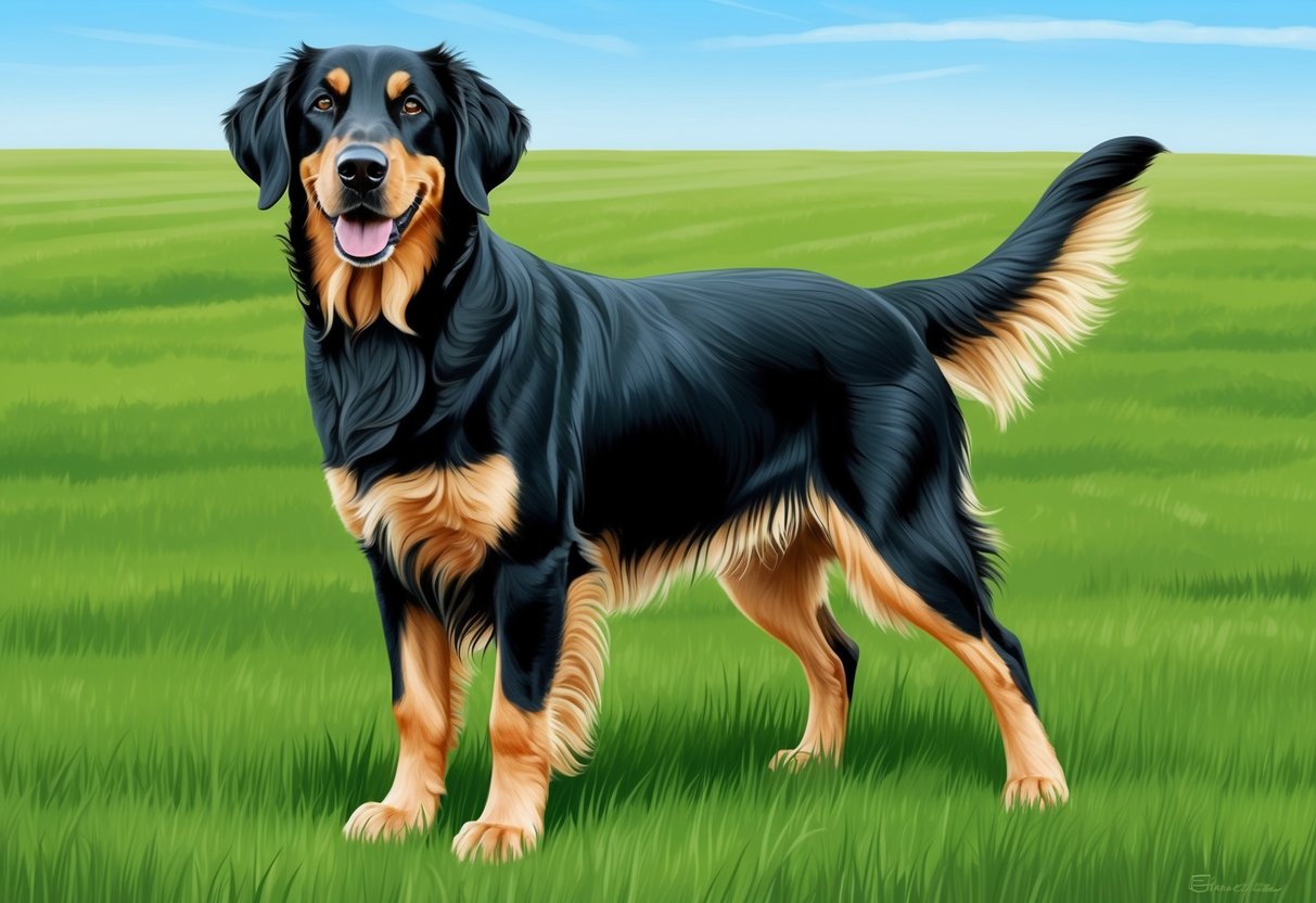 A Flat-Coated Retriever dog standing proudly with a shiny black coat, long ears, and a wagging tail, surrounded by a lush green field and a clear blue sky