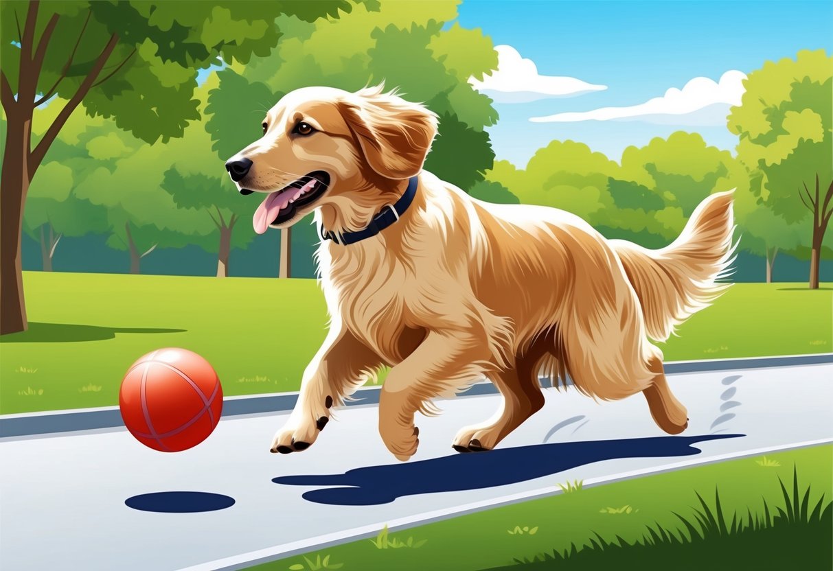 A playful Flat-Coated Retriever dog chasing a ball in a sunny park