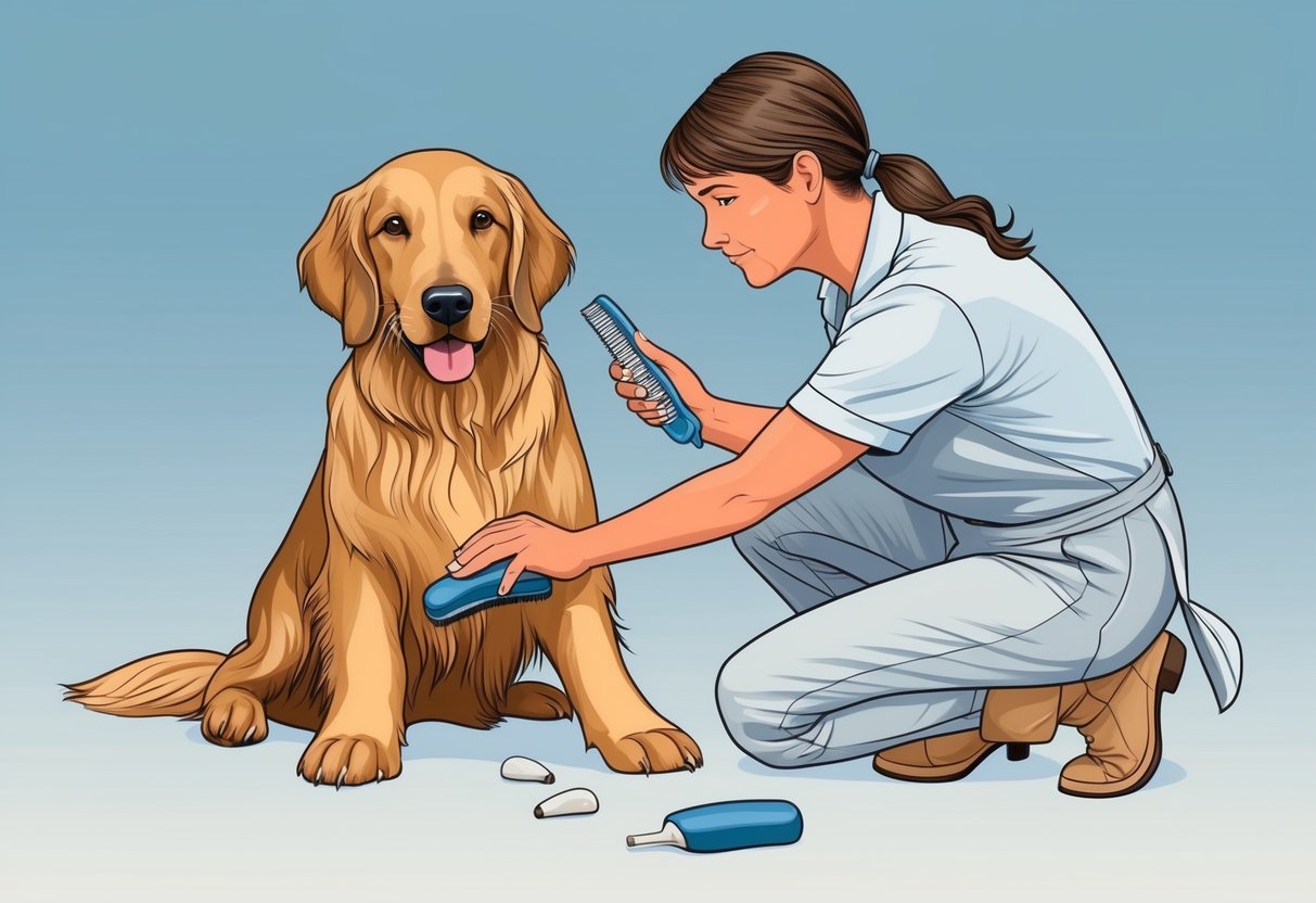 A Flat-Coated Retriever being groomed with a brush and trimmed nails