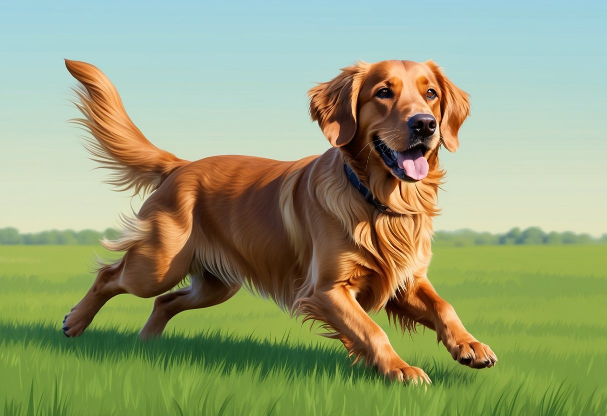 A happy Flat-Coated Retriever dog playing in a green field with a shiny coat and a wagging tail