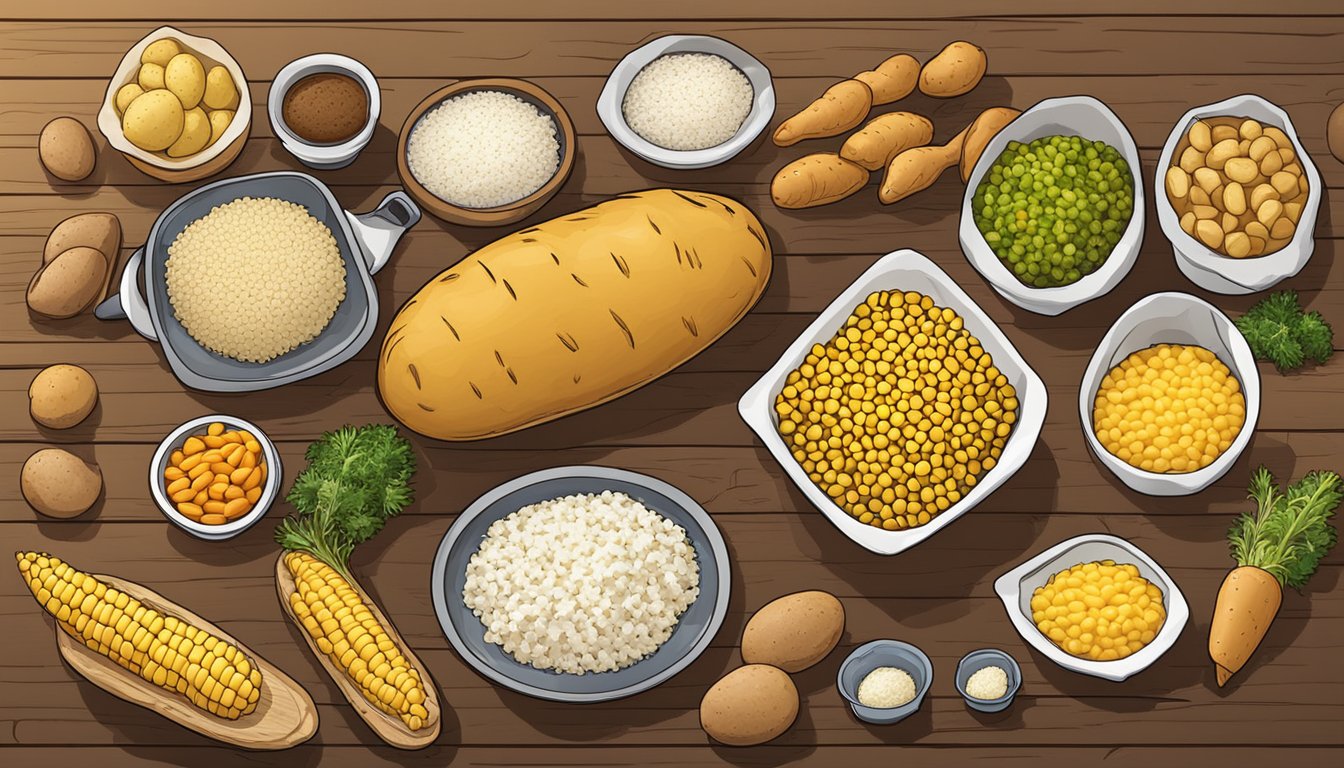 A colorful array of starchy foods arranged on a wooden table, including potatoes, corn, rice, and bread