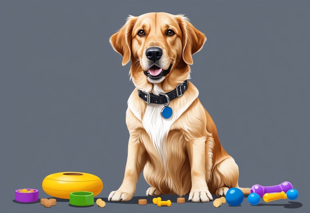 A Flat-Coated Retriever dog sits attentively, wearing a training collar, surrounded by various toys and treats. Its focused expression reflects a determined and eager mentality