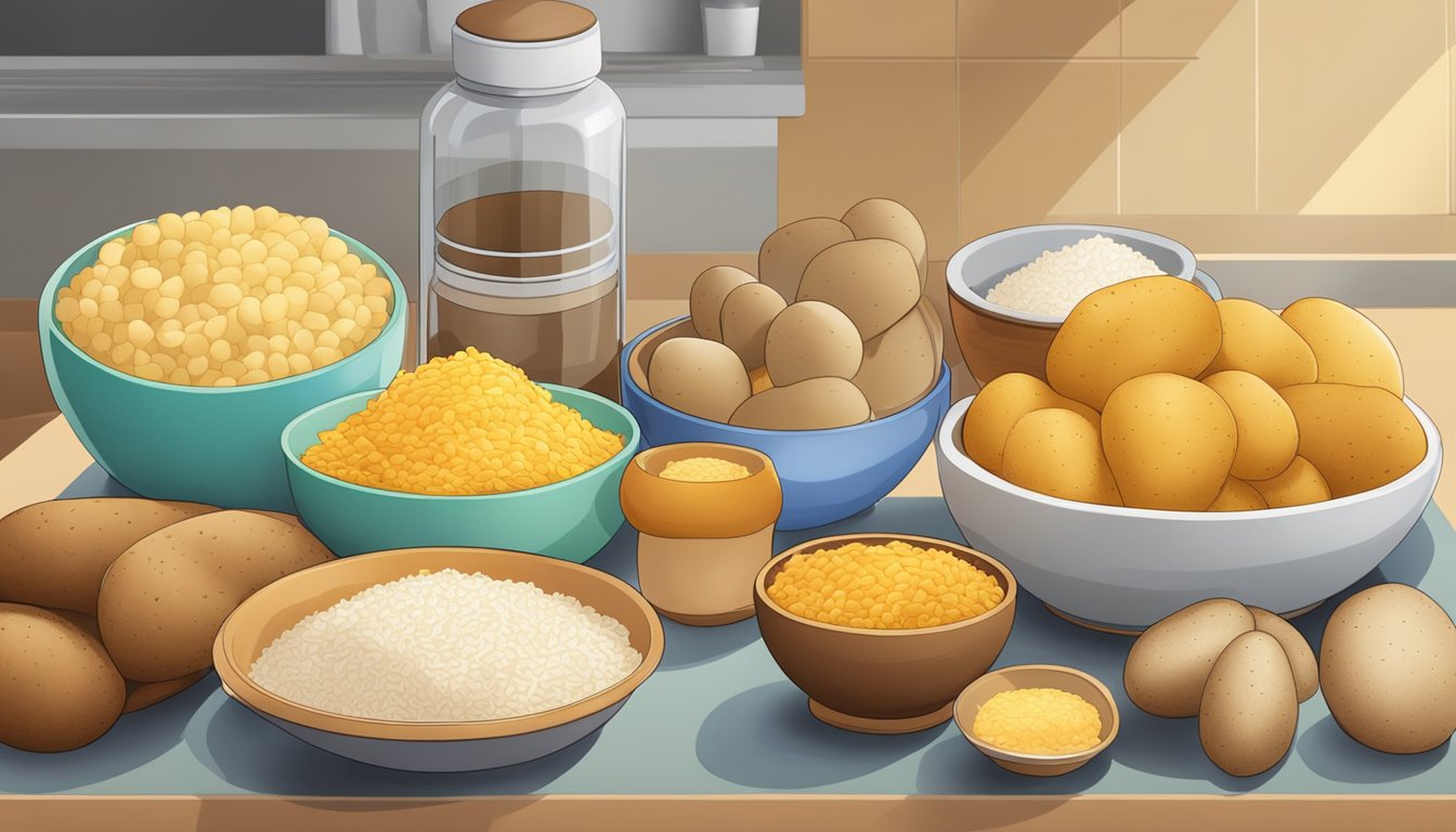 A colorful array of starchy foods, such as potatoes, rice, and bread, arranged on a kitchen counter