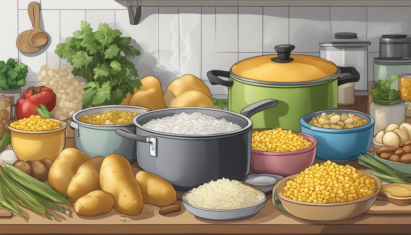 A pot of boiling water with potatoes, corn, and rice on a kitchen counter, surrounded by other starchy foods like pasta, bread, and beans