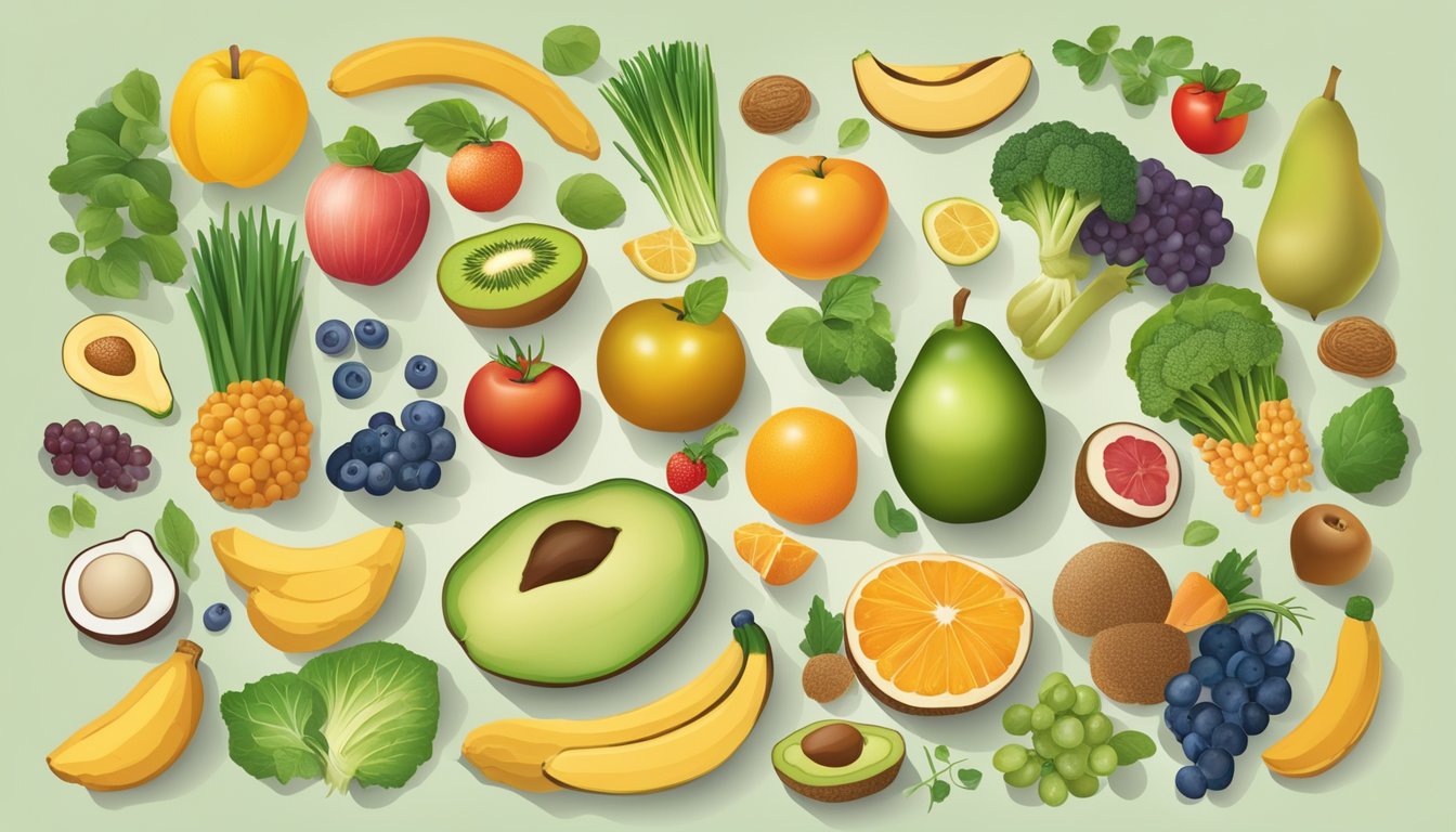 A variety of nutrient-rich foods arranged around a thyroid gland illustration, with a prominent focus on fruits, vegetables, and whole grains