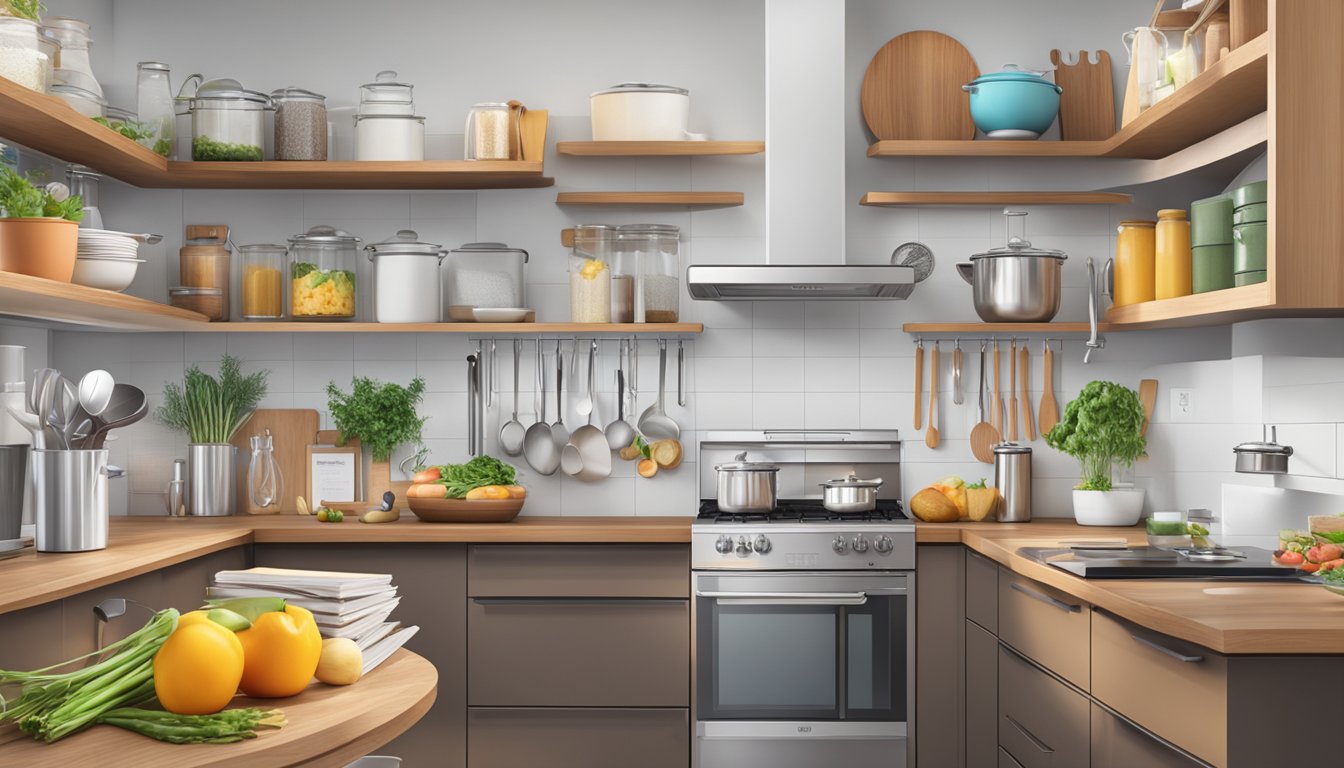 A modern kitchen with a sleek digital interface displaying various cooking options and ingredients, surrounded by shelves of cookbooks and utensils