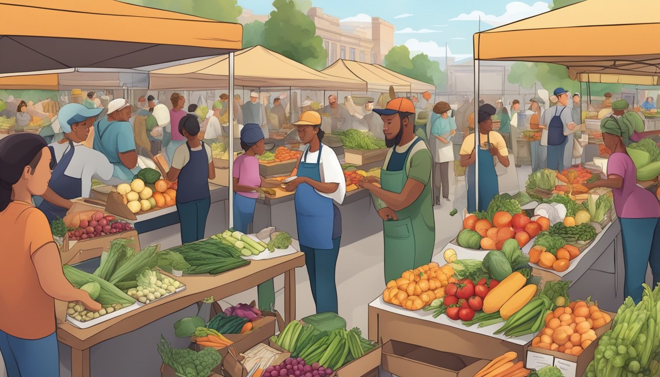 A bustling farmers market with vendors and customers exchanging food and advice, surrounded by a diverse array of fresh produce and cooking supplies