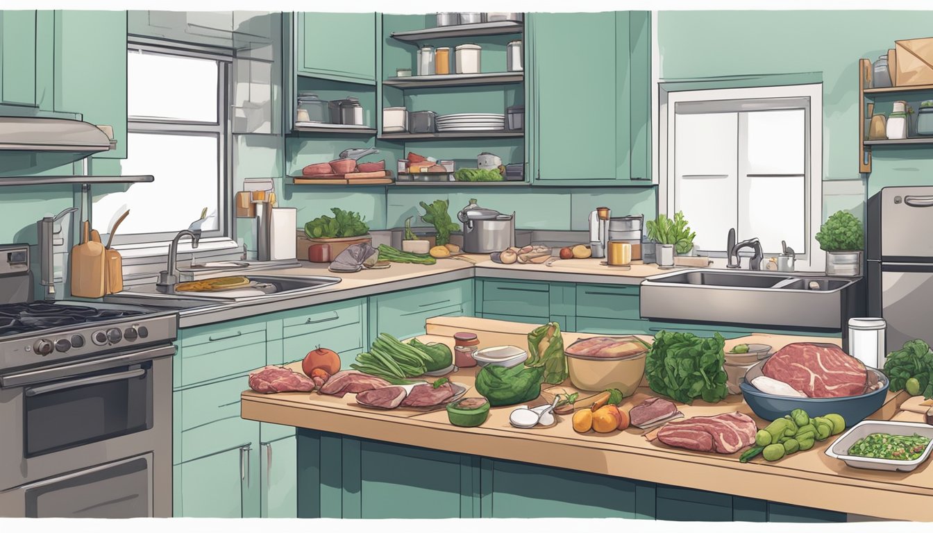 A cluttered kitchen counter with raw meat, unwashed produce, and dirty utensils. An open refrigerator with expired dairy products and uncovered leftovers