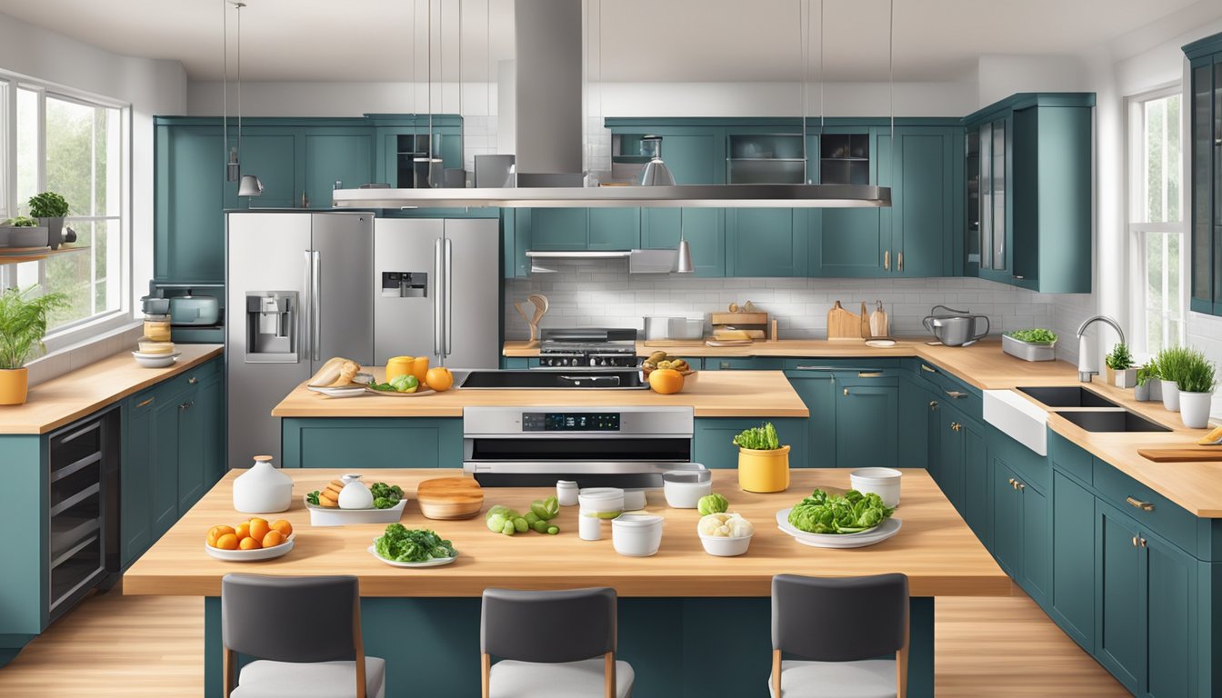 A modern kitchen with various smart devices and appliances working together seamlessly to assist in food preparation and cooking