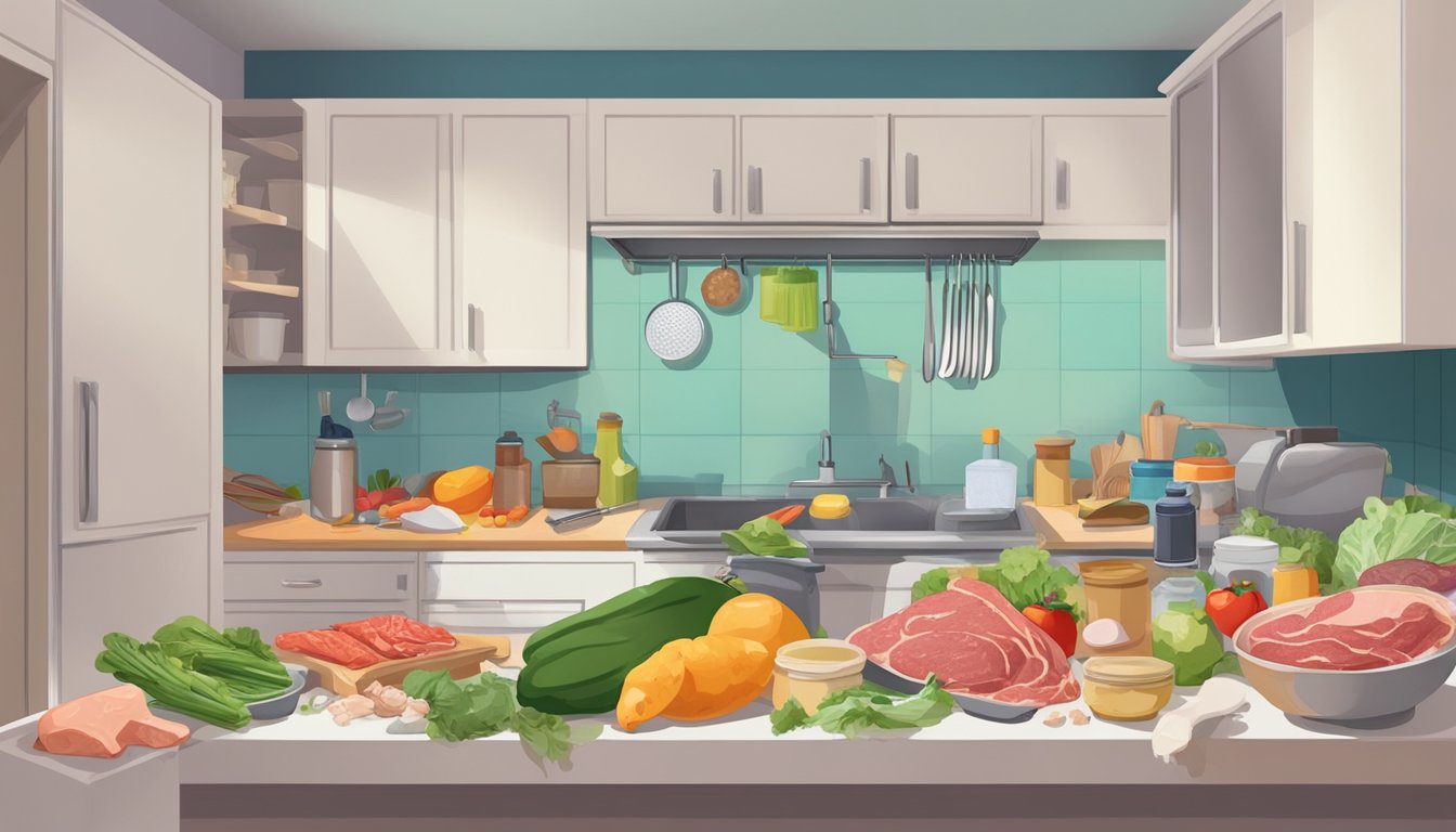 A kitchen counter cluttered with unwashed produce, raw meat, and dirty utensils. Cross-contamination and improper food handling contribute to foodborne illnesses in kids