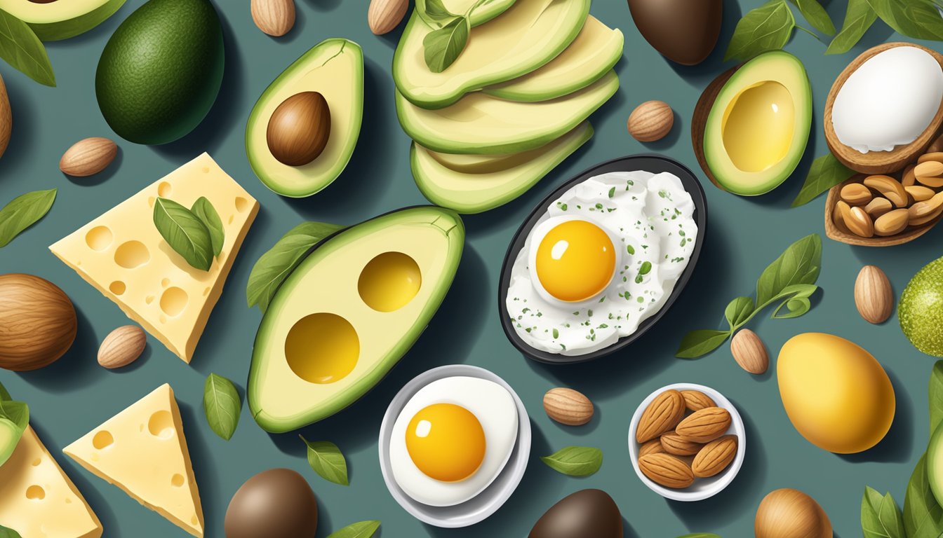 A carton of whole eggs surrounded by 9 other high-fat foods such as avocado, cheese, nuts, and olive oil