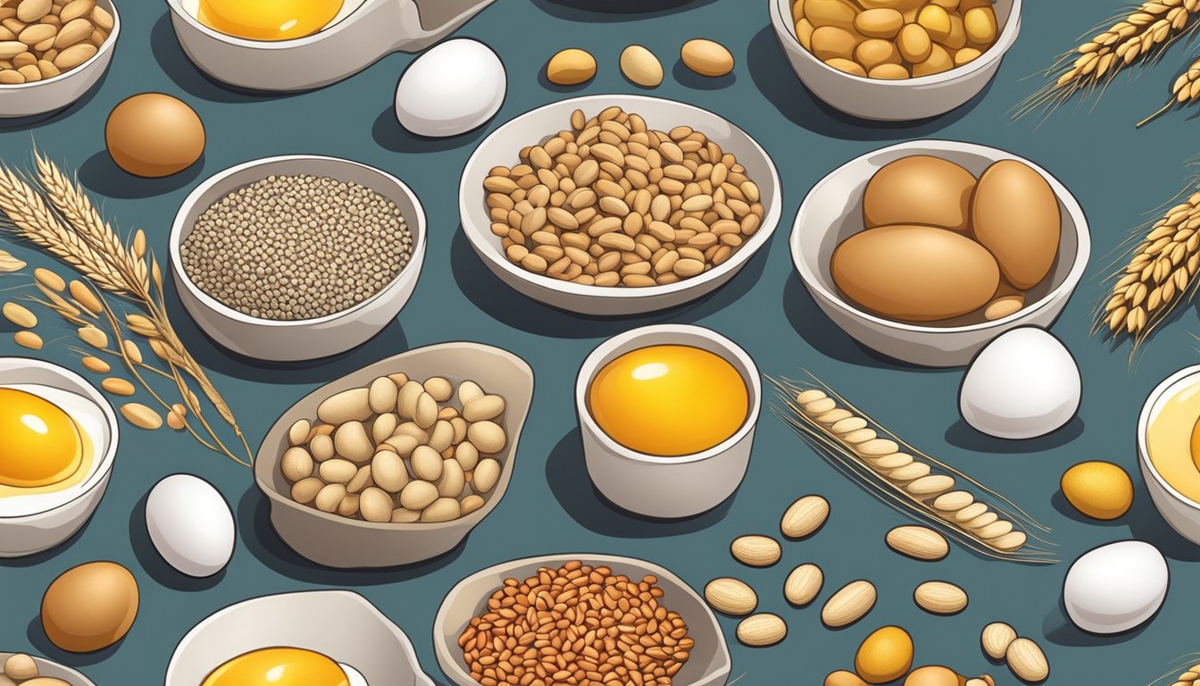 A kitchen counter with various common allergens (peanuts, milk, eggs, wheat, soy, fish, shellfish) arranged neatly in a row