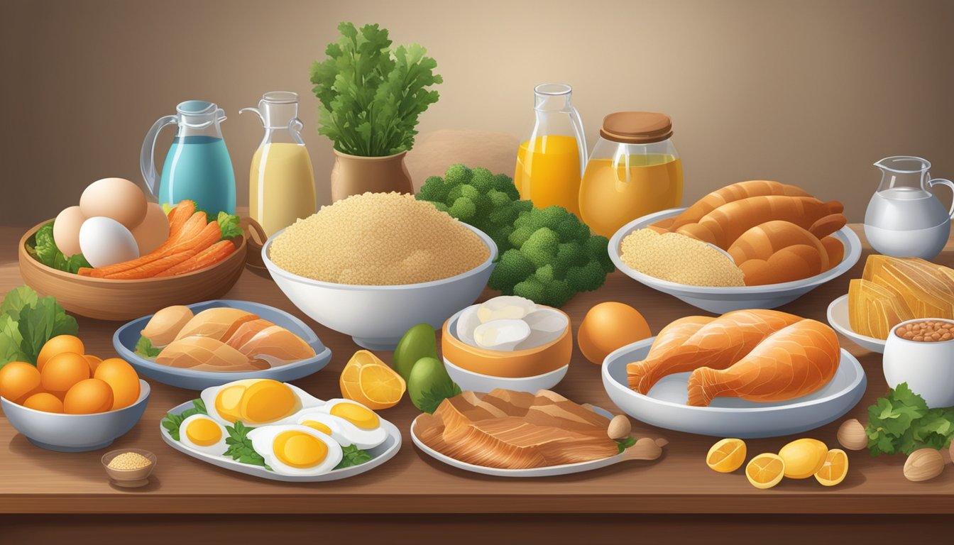 A table displaying 10 different foods rich in lysine, such as turkey, eggs, and fish, with vibrant colors and varying textures