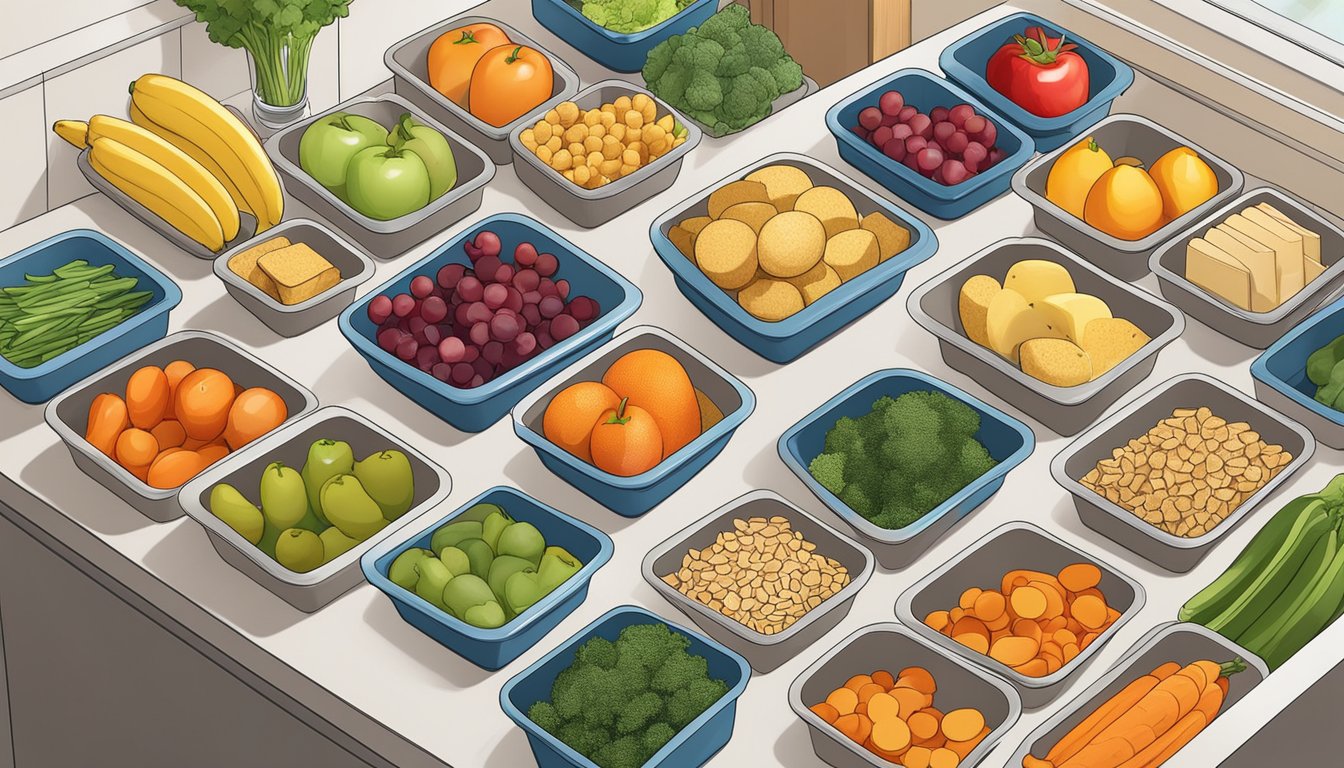 A colorful array of fresh fruits, vegetables, and whole grain crackers arranged on a clean, organized countertop with labeled storage containers nearby