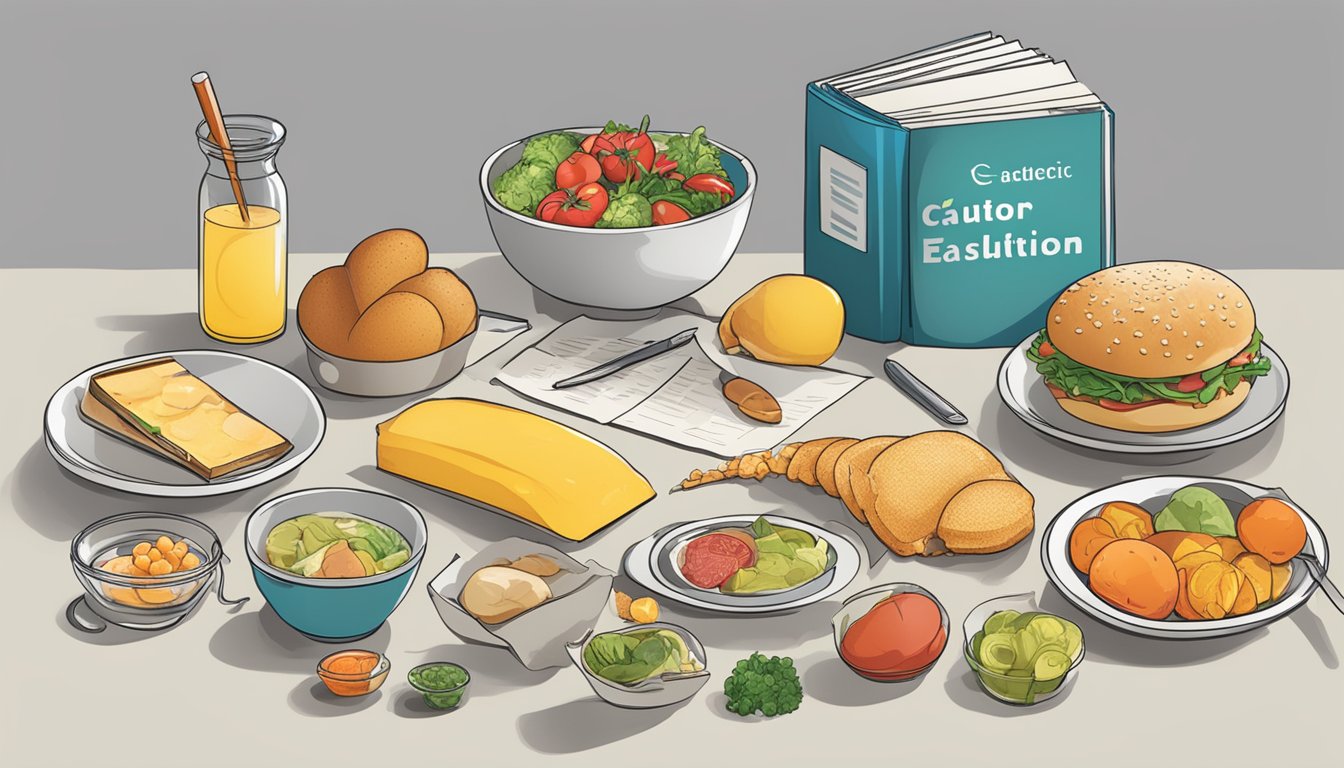 A table with various food items, some labeled with caution signs, next to a medical reference book