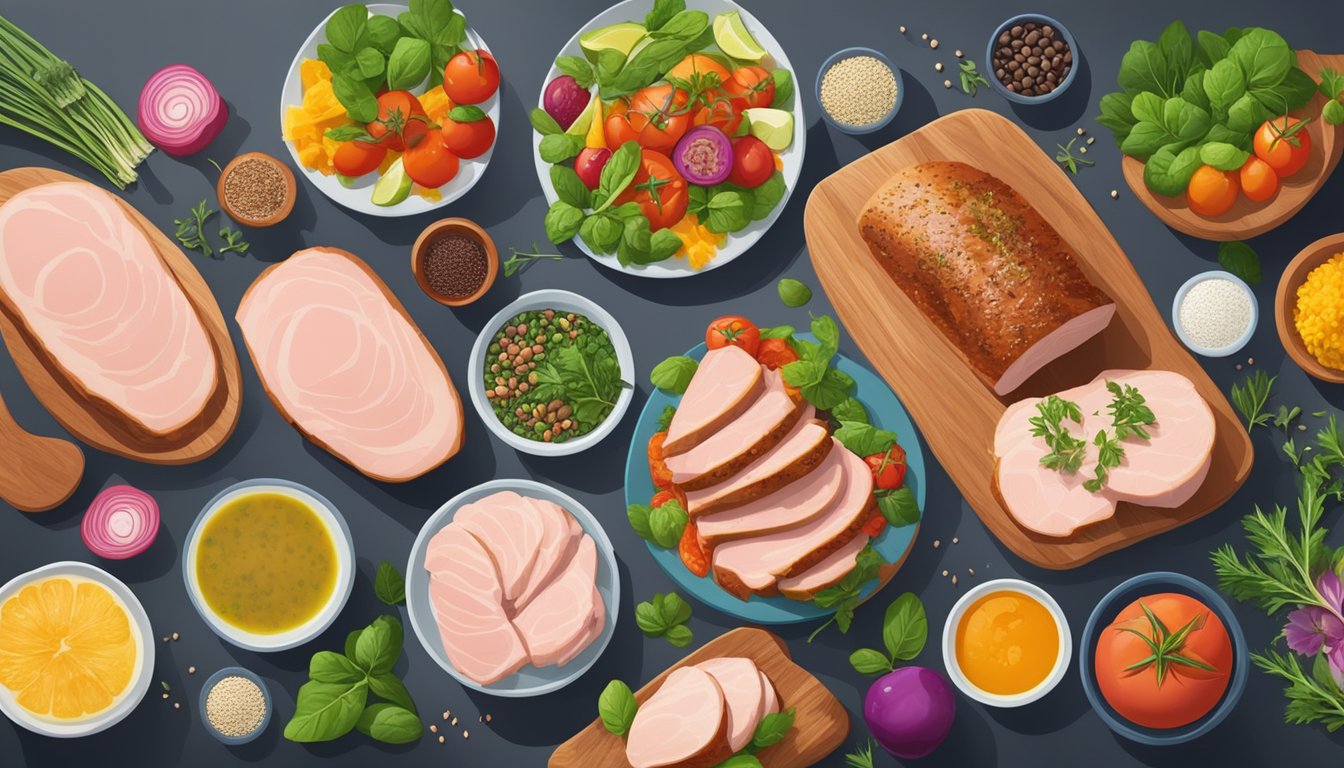 A colorful array of pork loin and 9 other lysine-rich foods arranged on a vibrant table, surrounded by fresh ingredients and herbs