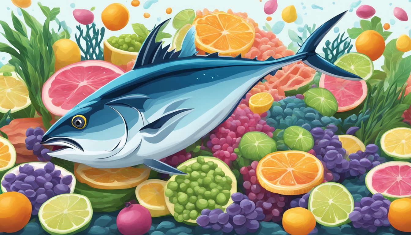 A school of tuna swimming among colorful lysine-rich foods