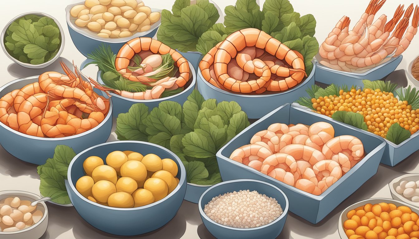 A variety of shrimp and lysine-rich foods arranged on a vibrant and inviting display, with a focus on their natural colors and textures