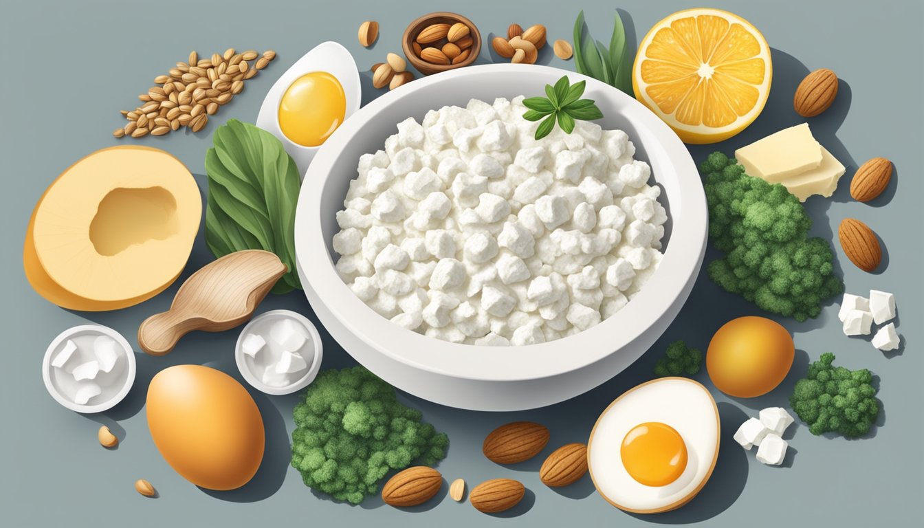 A bowl of cottage cheese surrounded by other lysine-rich foods, such as eggs, fish, and nuts, arranged in a visually appealing manner