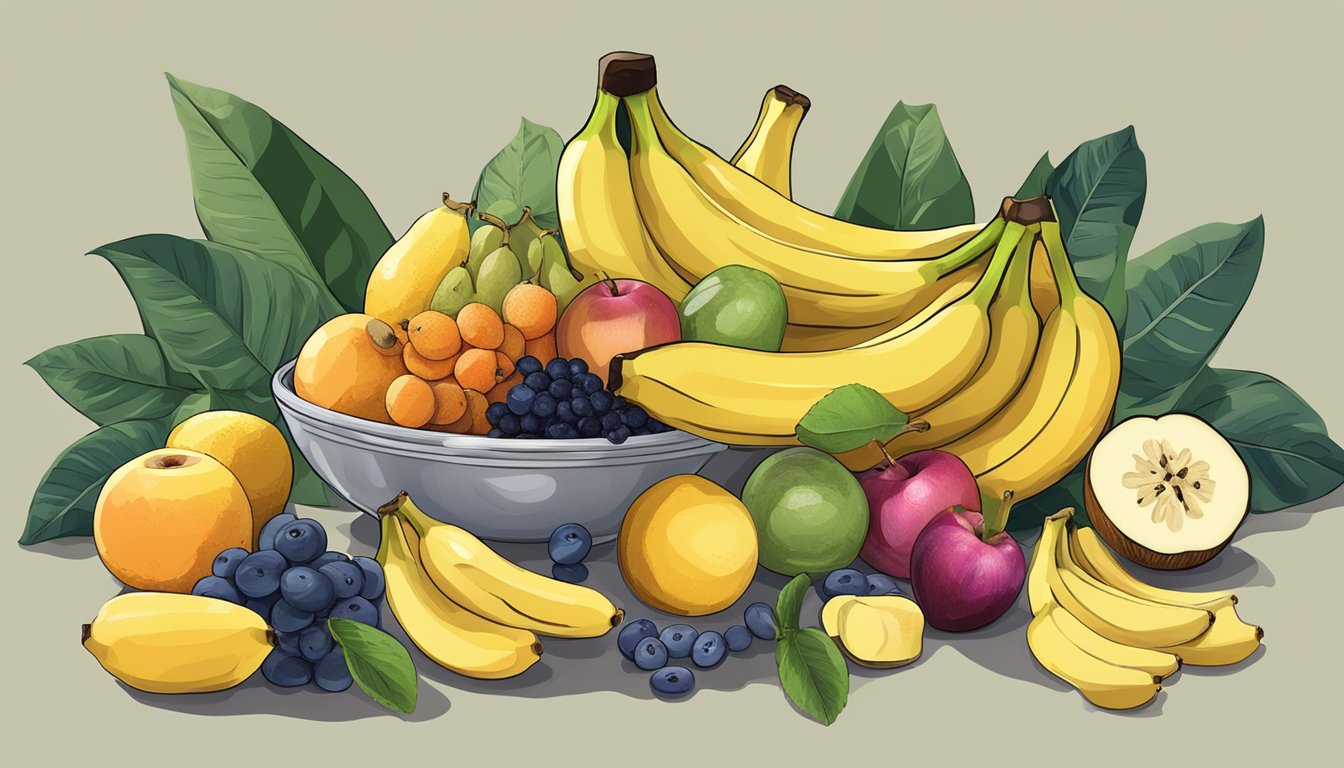 A bunch of ripe bananas surrounded by a variety of other fruits, with a glass of water nearby